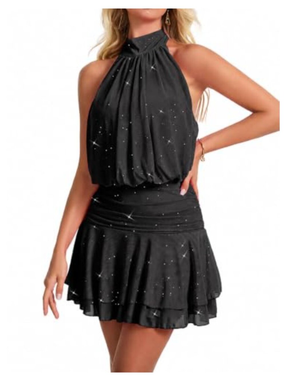 Sparkly Halter Mini Dress Backless Ruched Party Cocktail Dress